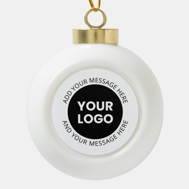 Business Logo & Editable Text  White & Black Ceramic Ball Christmas Ornament (Front)