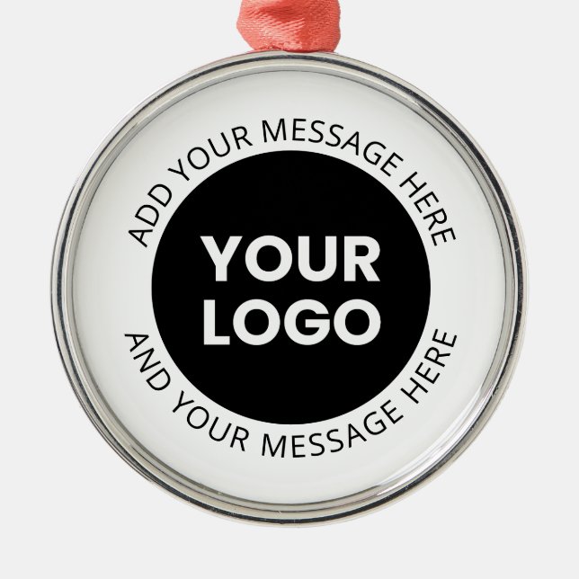 Business Logo & Editable Text  White & Black Metal Ornament (Front)