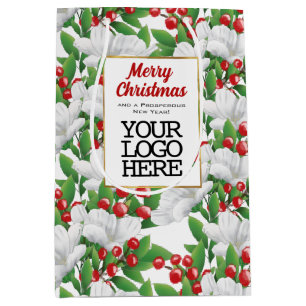 Business Logo Elegant Floral Merry Christmas Medium Gift Bag