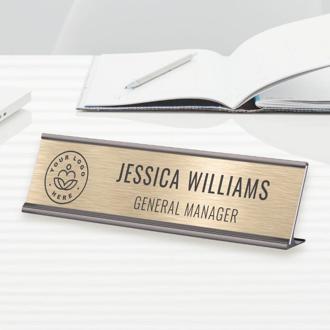 Business Logo Employee Elegant Faux Brushed Gold Desk Name Plate (Creator Uploaded)