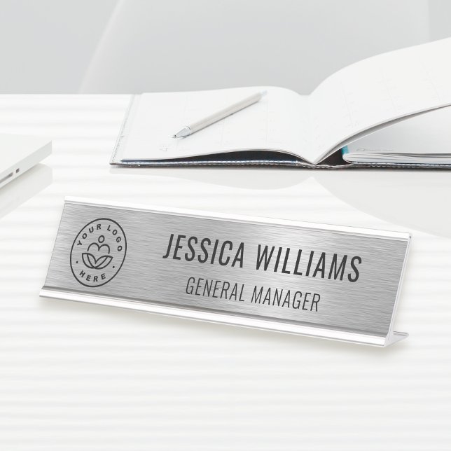 Business Logo Employee Elegant Faux Brushed Silver Desk Name Plate (Creator Uploaded)