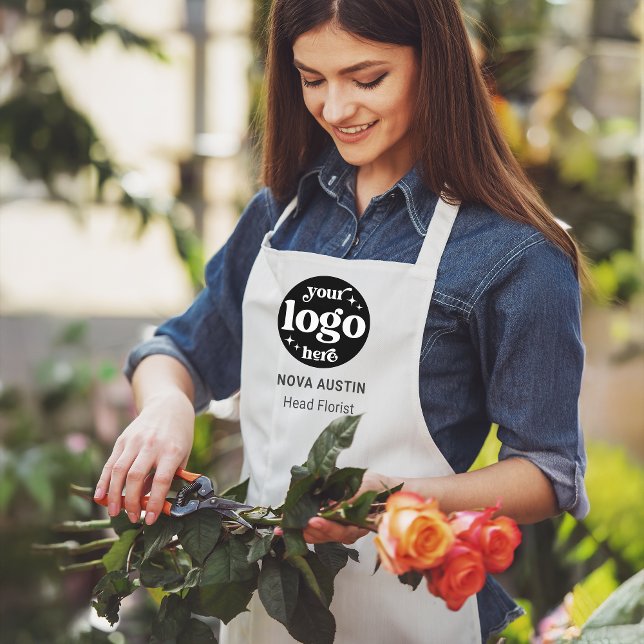 Business Logo Employee Name Job Title White Apron (Creator Uploaded)