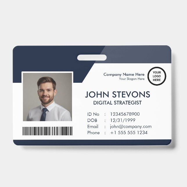 Business Logo Employee Name Navy Blue Qr Code ID Badge (Front)