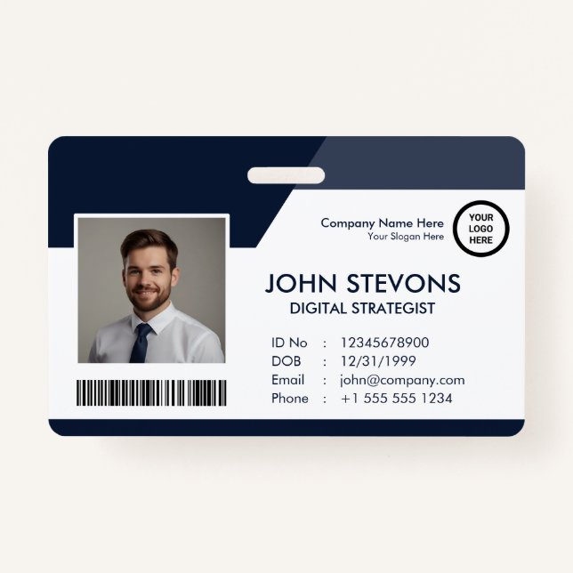 Business Logo Employee Name Navy Blue Qr Code ID Badge (Front)