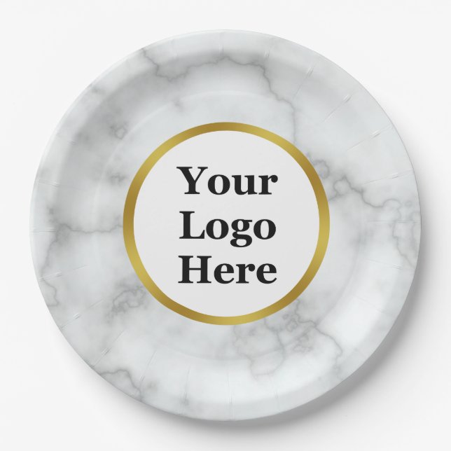 Business Logo Faux Gold & White Marble Paper Plate (Front)