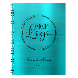 Business Logo Faux Turquoise Blue Foil Meeting Notebook