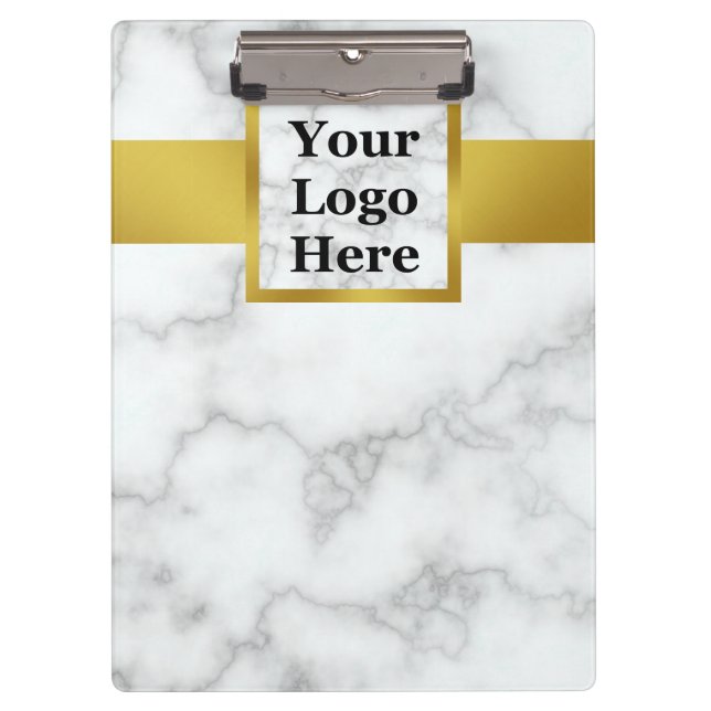 Business Logo Faux White Marble Gold Professional Clipboard (Front)