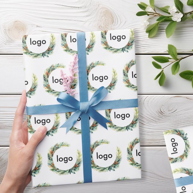 Business Logo Floral Wreath Christmas Wrapping Paper (Creator Uploaded)