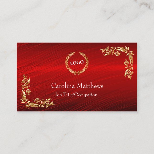 Business Logo Gold Foil Floral Corner Red Card (Front)
