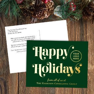 Business Logo Green Christmas Gold Foil Holiday Postcard