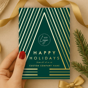 Business Logo Green & Gold Geometric Christmas Foil Holiday Card