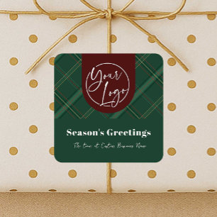 Business Logo Green Plaid Corporate Holiday Gifts Square Sticker