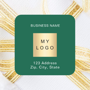 Business logo green white name address square sticker