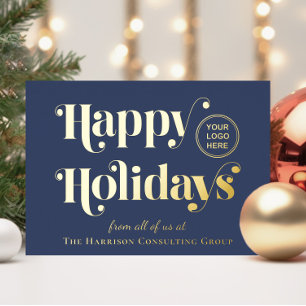 Business Logo Happy Holidays Blue Christmas Foil Holiday Card