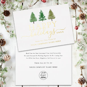 Business Logo Happy Holidays Christmas Trees Gold Foil Holiday Card