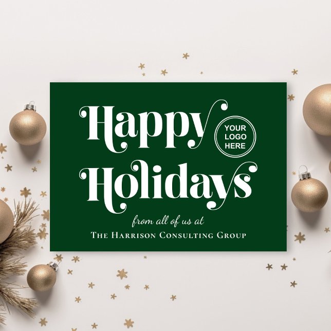 Business Logo Happy Holidays Green Christmas Holiday Card (Spread warmth, appreciation, and gratitude to your valued customers, clients, employees and partners)