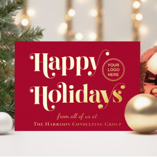 Business Logo Happy Holidays Red Christmas Gold Foil Holiday Card