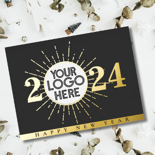 Business Logo Happy New Year Black Gold Foil Holiday Postcard