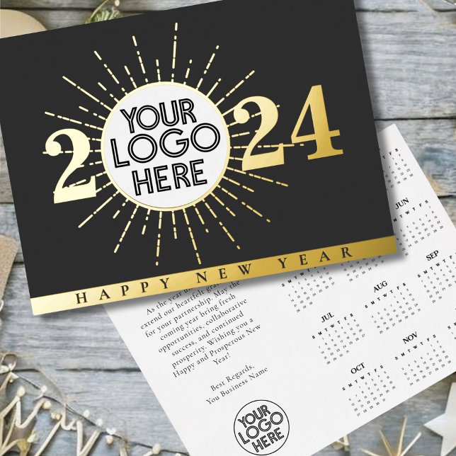 Business Logo Happy New Year Calendar | Black Gold Foil Holiday Card (Creator Uploaded)