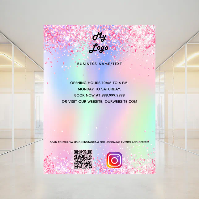 Business logo holographic qr code instagram text poster | Zazzle