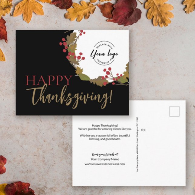 Business logo in Fall Wreath Happy Thanksgiving  Postcard (Business happy thanksgiving postcard greeting thank you. Fall leaves wreath with logo.)
