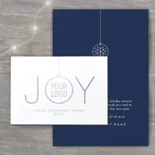 Business Logo JOY Christmas Ornament Navy Holiday Foil Card
