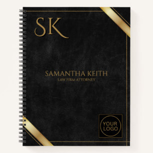 Business Logo Luxury Black Leather Golden Stripe Notebook