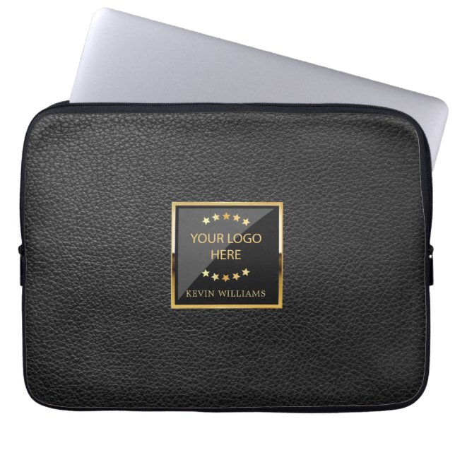 Business Logo Luxury Black Leather Personalised Laptop Sleeve (Front)