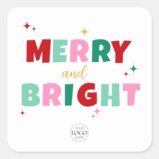 Business Logo Merry & Bright Colourful Typography Square Sticker (Front)