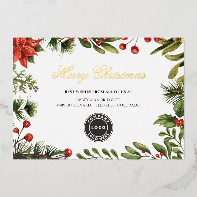 Business Logo Merry Christmas Corporate Gold Foil Holiday Card (Front)