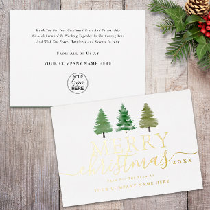 Business Logo Merry Christmas Pine Trees Gold Foil Holiday Card