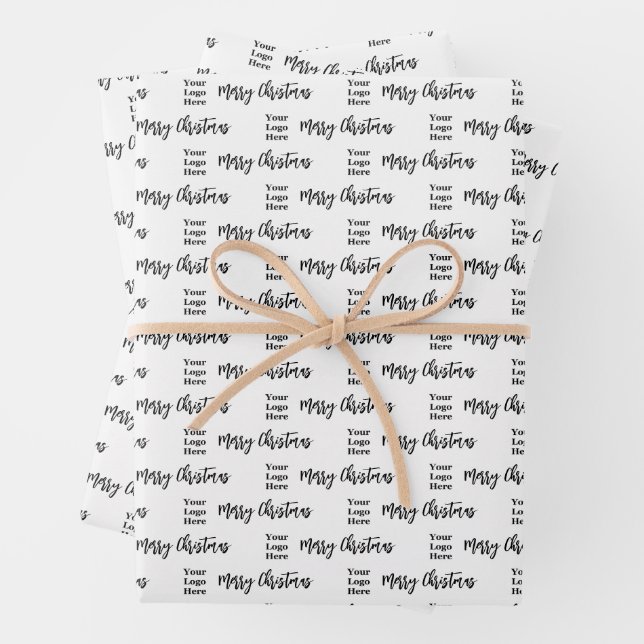 Business Logo Merry Christmas Script Black & White Wrapping Paper Sheet (In situ)