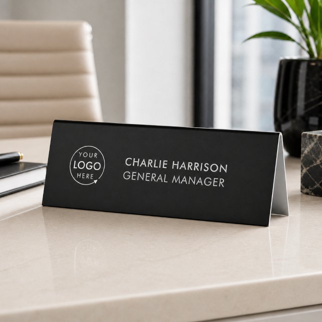 Business Logo | Modern Black Desk Name Plate (Black company branded nameplate table tent desk signs for small business employee & office signage.)