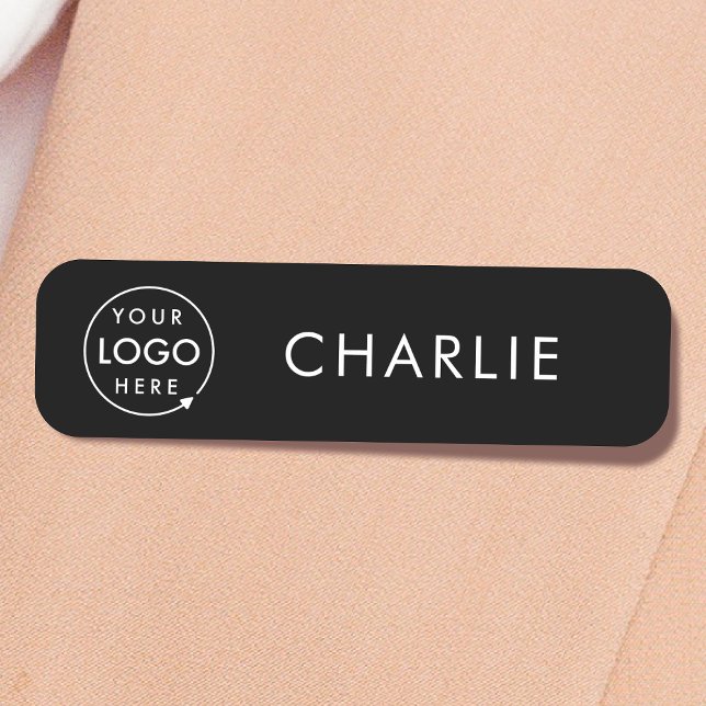 Business Logo | Modern Black Employee Staff Name Tag (Sleek black company branded staff name tags for team & employee identification.)