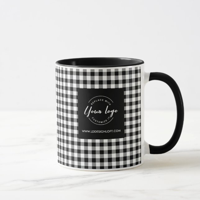 Business Logo Modern Black White plaid Holiday Mug (Right)