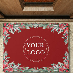 Business Logo Modern Christmas Floral Red Doormat