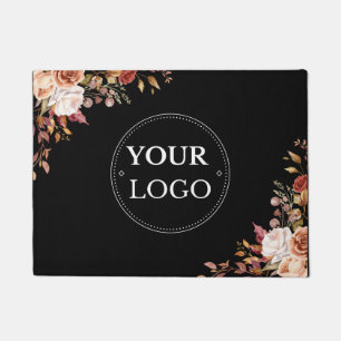 Business Logo Modern Floral Black Promotional Doormat