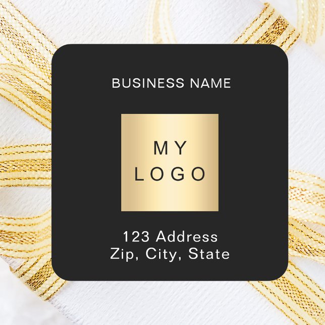 Business logo name address black white square sticker (Creator Uploaded)
