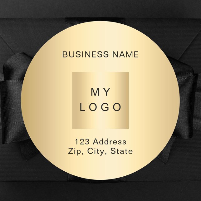 Business logo name address gold classic round sticker (Creator Uploaded)