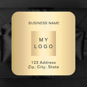 Business logo name address gold square sticker