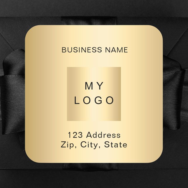Business logo name address gold square sticker (Creator Uploaded)
