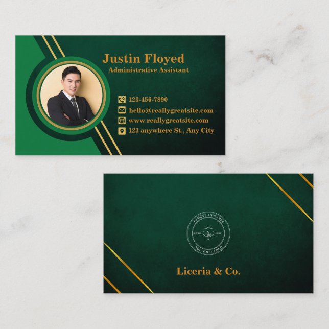 Business Logo Name Image Green and Gold Modern Business Card (Front/Back)