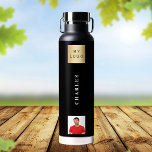 Business logo name photo black water bottle<br><div class="desc">A classic black background.  Personalise and add your business logo,  name and a profile photo.  White text.</div>