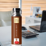 Business logo name photo brown water bottle<br><div class="desc">A brown background.  Personalise and add your business logo,  name and a profile photo.</div>