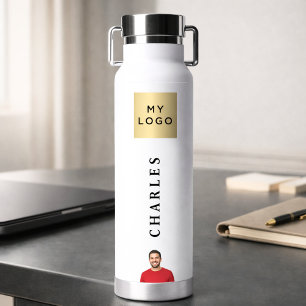 Business logo name photo water bottle