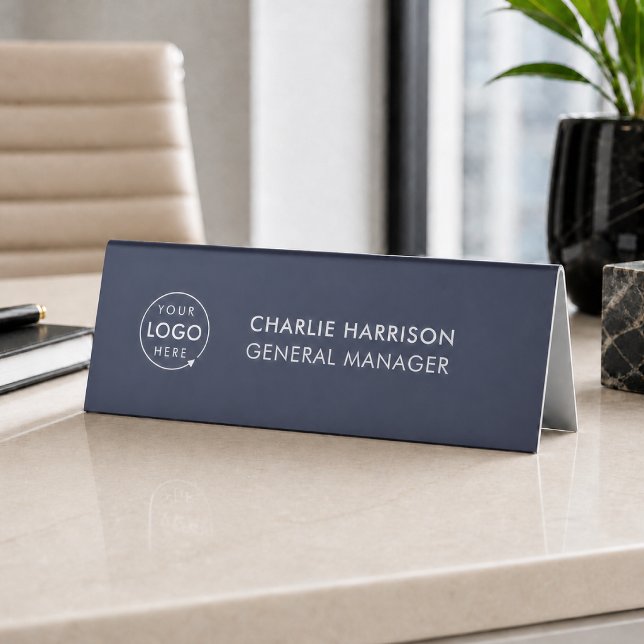 Business Logo | Navy Blue Modern Manager Office (Navy company branded nameplate table tent signs for small business employee desk & office signage.)