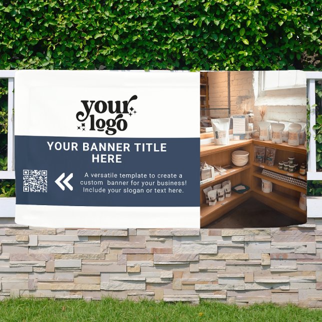 Business Logo Navy Blue Modern QR Code Photo Banner (Creator Uploaded)