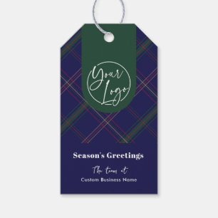 Business Logo Navy Blue Plaid Corporate Holiday Gift Tags