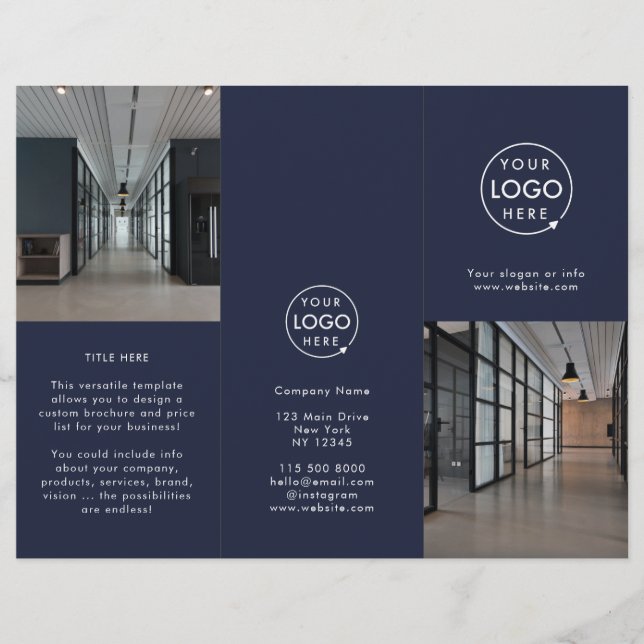 Business Logo Navy Photo Modern Trifold Brochure (Front)