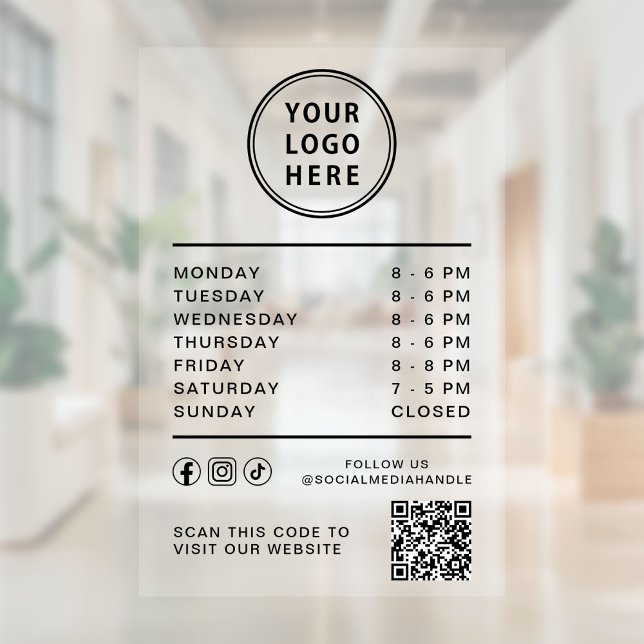 Business Logo Open Hours Social Media QR Code (Business Logo Open Hours Social Media QR Code Window Cling)